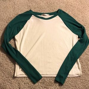 White and green long sleeve shirt.